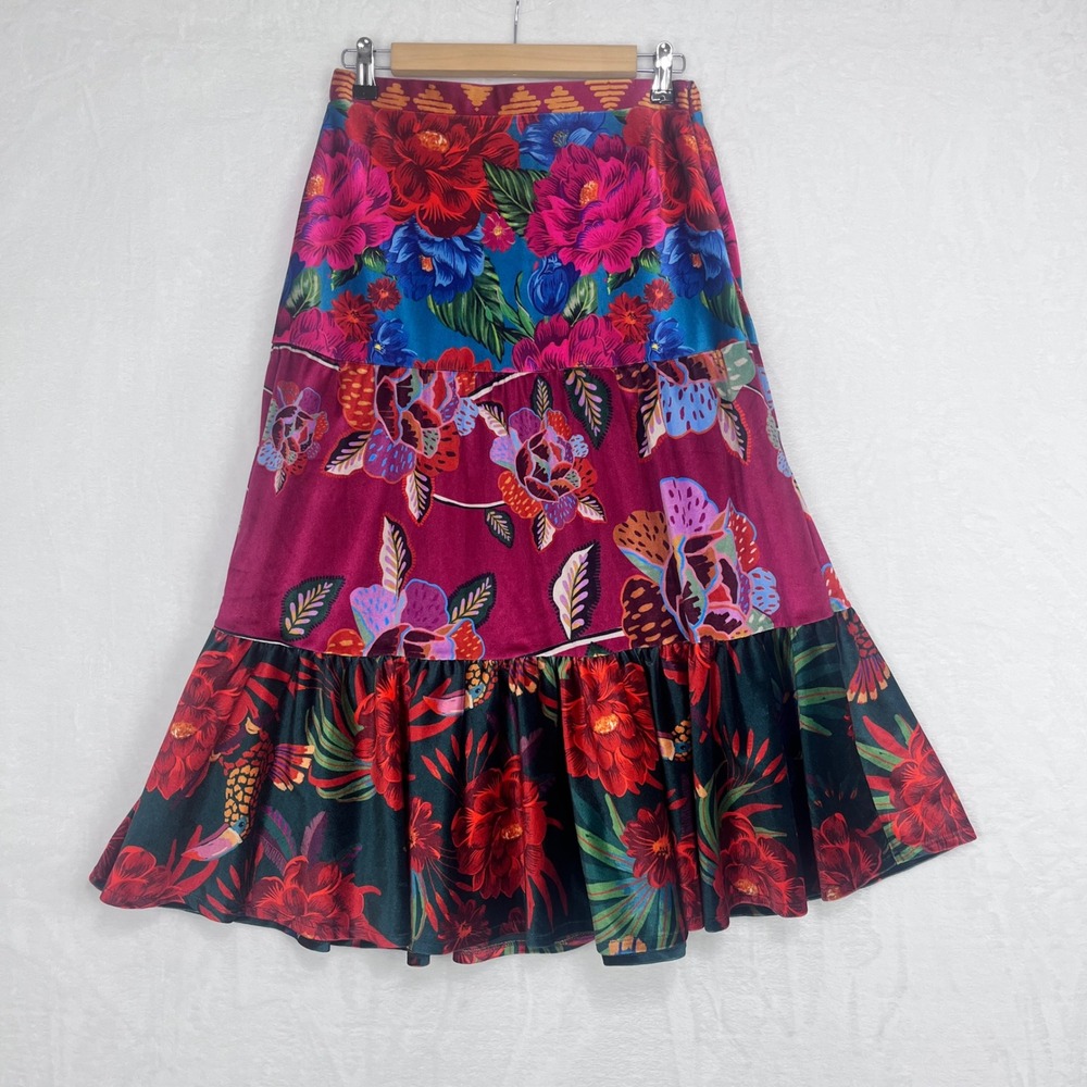 FARM Rio Anthropologie Drea Tiered Velvet Midi Skirt XS Petite Multicolor Floral